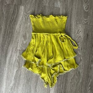 Yellow-Green Strapless Romper with Pom Pom Trim
